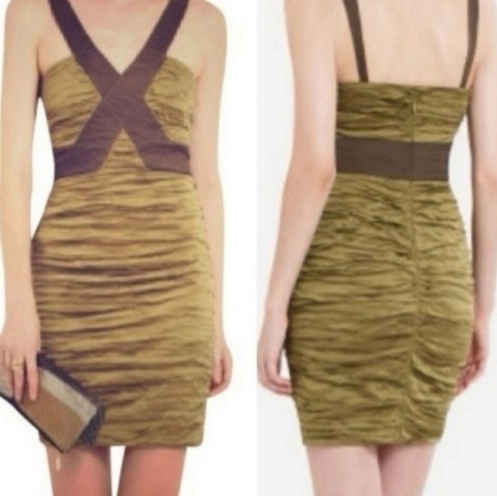 BCBG MAXAZRIA OLIVE TAFFETA SIMSOM DRESS SZ 6